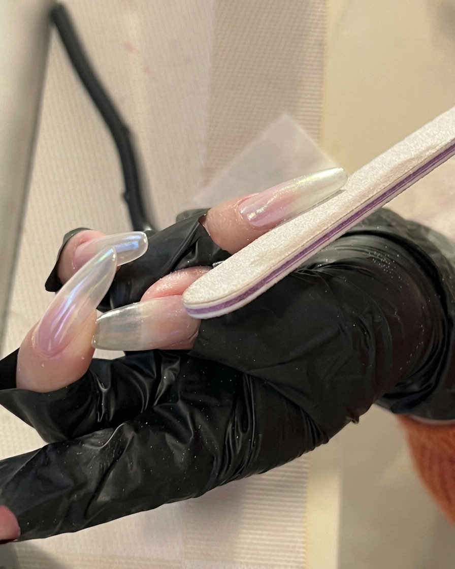 Pincel aplicando gel de construcción transparente en el centro de una uña larga almendrada.