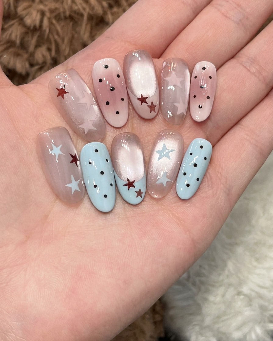 Un pincel de uñas aplicando un top coat transparente y brillante sobre uñas decoradas con estrellas y un degradado de ojo de gato.