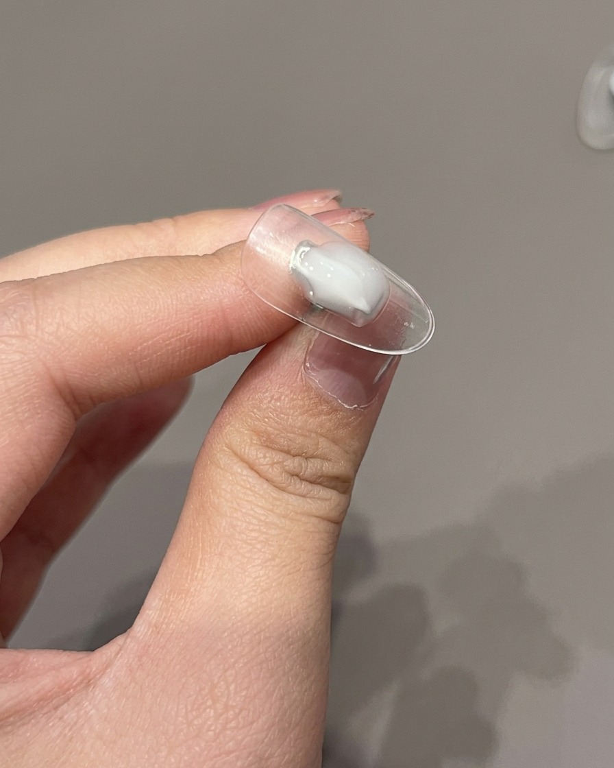 Un pincel aplicando un top coat transparente y brillante en una uña completamente decorada.