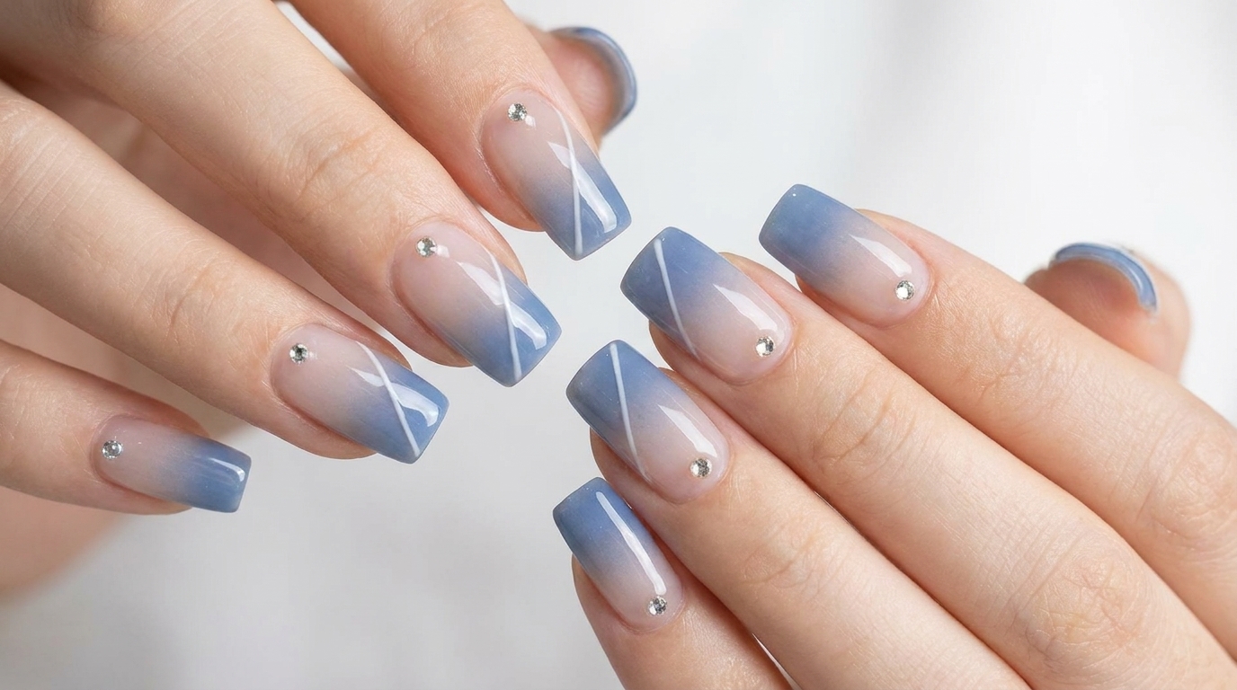 Uñas de Gel con Degradado Azul y Pedrería — Tutorial Paso a Paso
