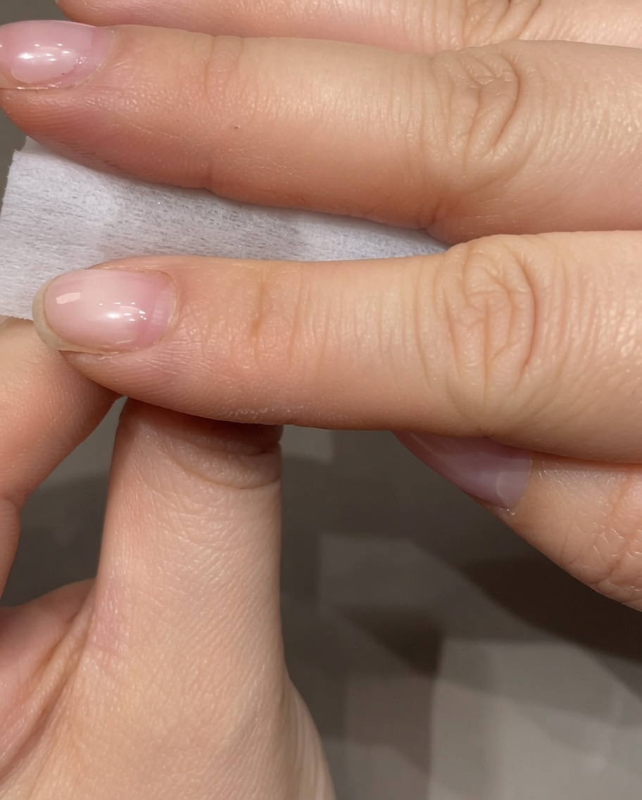 Dedos sujetando una toallita sin pelusa, frotando suavemente la superficie de una uña natural para eliminar el residuo pegajoso del gel.