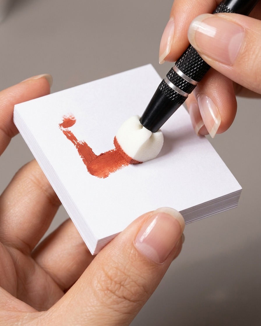 El lado plano de una esponja de maquillaje recogiendo esmalte en gel de una paleta.
