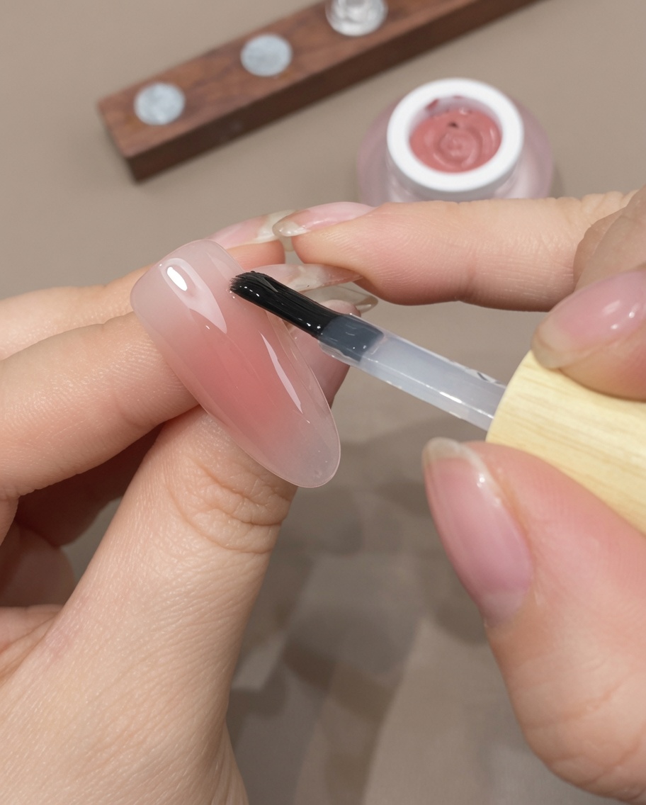 Un pincel aplicando una capa final de top coat transparente sobre una uña ombré terminada.