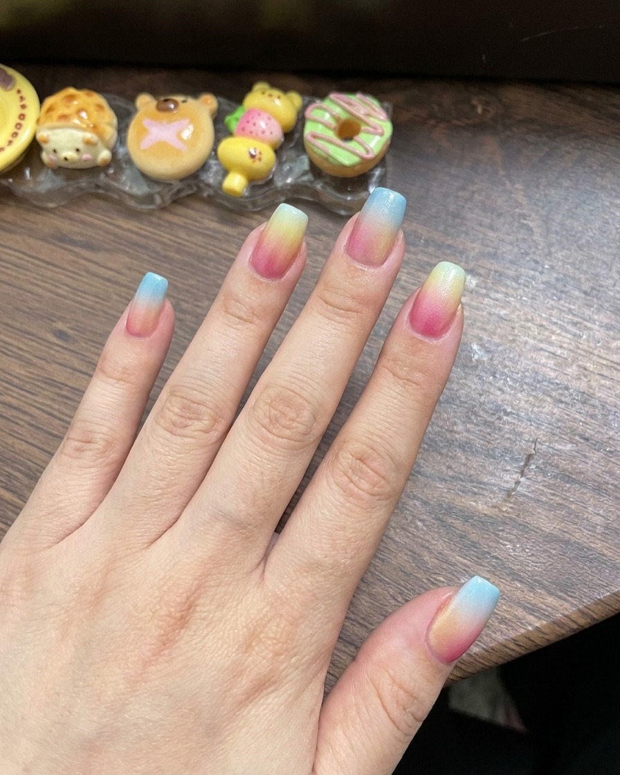 Un dedo dentro de una lámpara de uñas UV para curar el diseño de degradado recién difuminado.