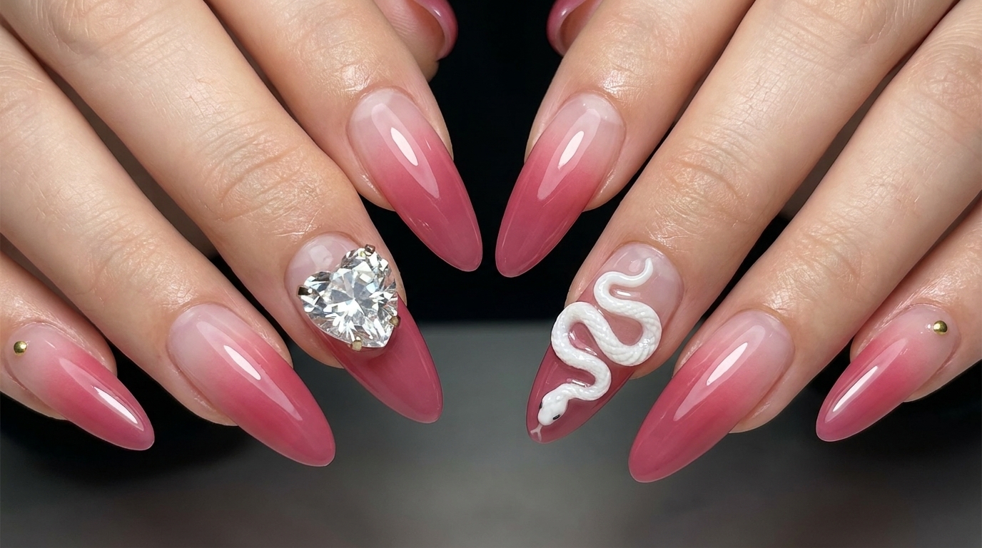 Uñas Ombré Rosa con Serpiente Esculpida en 3D y Cristal