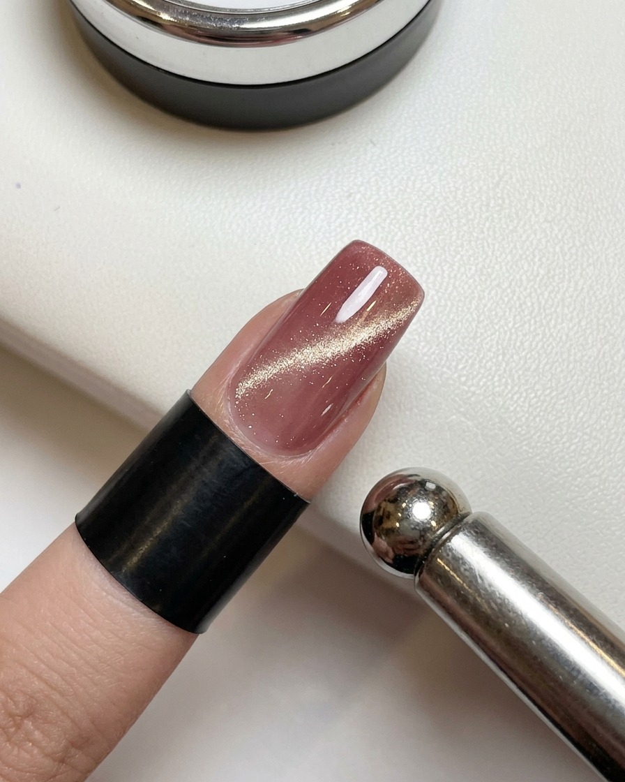 Primer plano de un dedo con esmalte húmedo efecto ojo de gato en tono rosa empolvado, mostrando un imán cilíndrico de metal sostenido cerca del lado de la uña para crear un amplio efecto de brillo dorado.