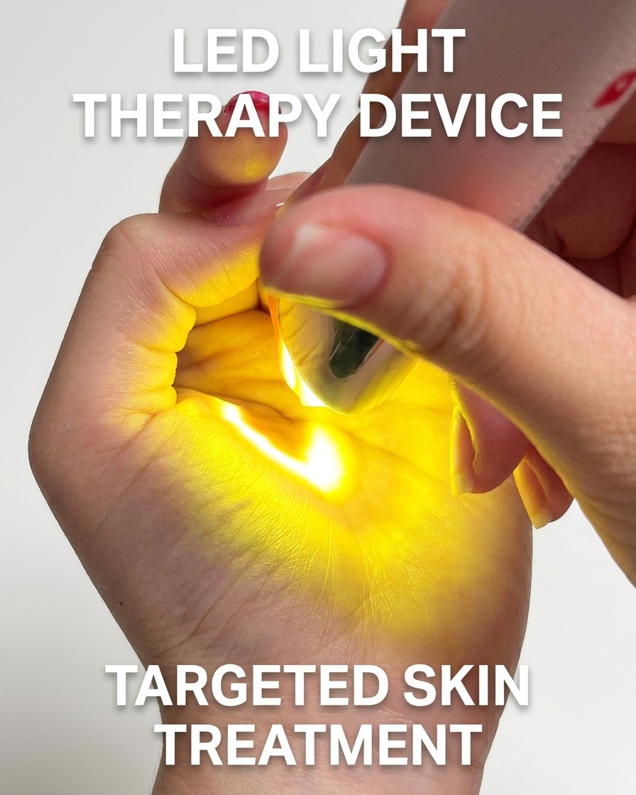 Una mano bajo la lámpara LED curando la capa final de gel nude.