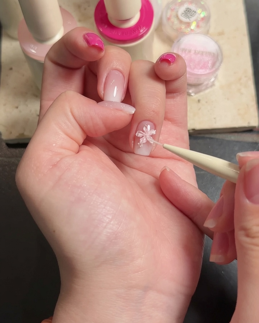 Primer plano de pinzas colocando un pequeño cristal en el centro de una flor 3D blanca.