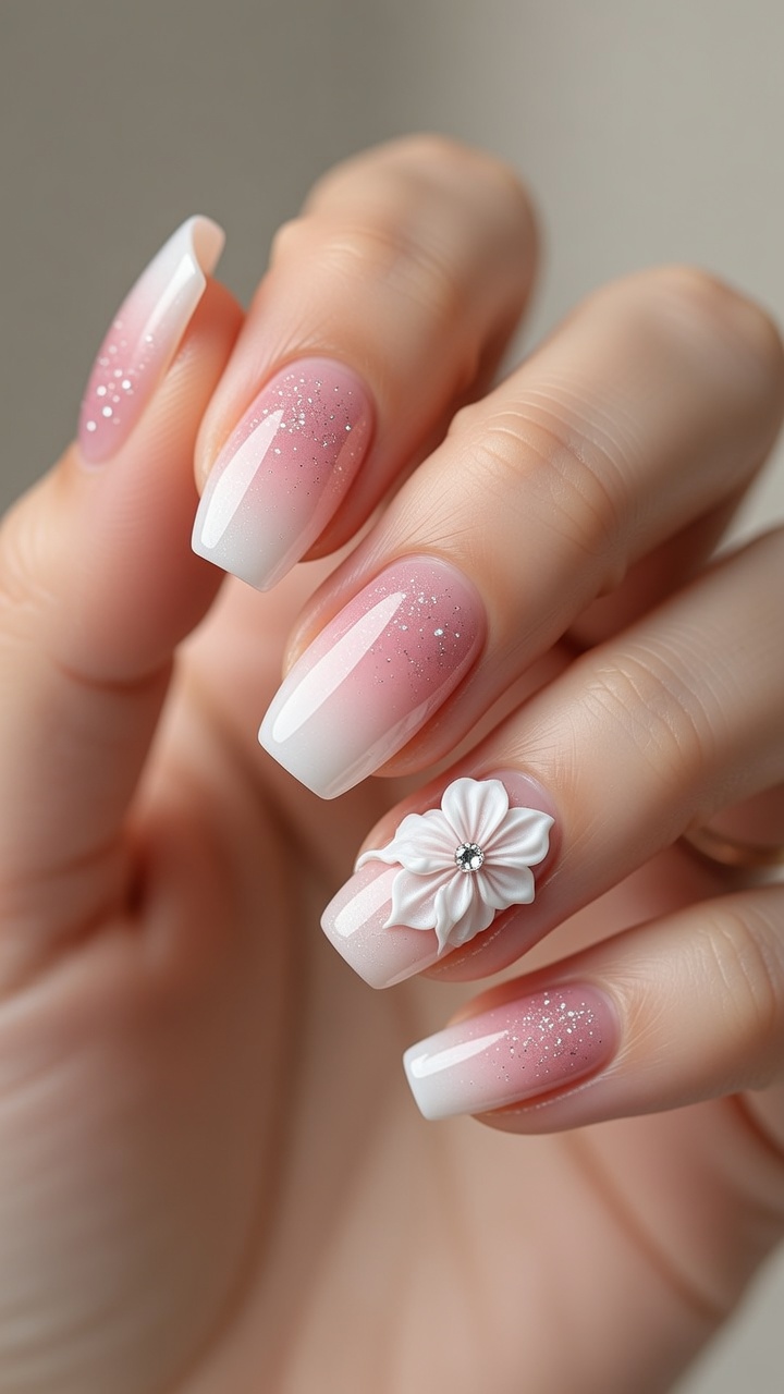 Tutorial de uñas degradadas en rosa y blanco con diseño floral 3D