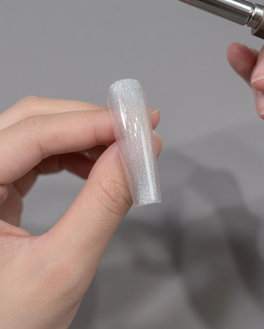 Un imán sostenido sobre una punta de uña para manipular las partículas del gel ojo de gato hacia un brillo intenso.