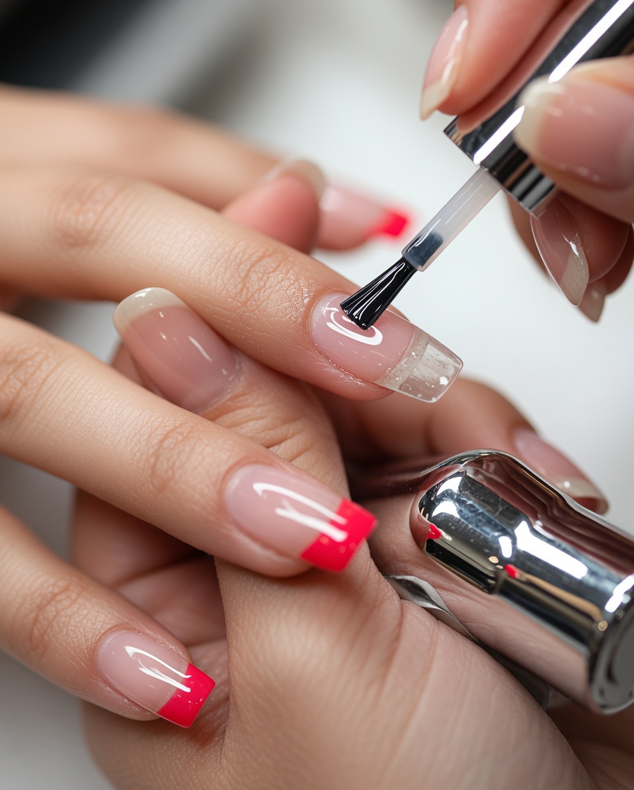 Un pincel aplicando una capa fina de base coat de gel sobre una uña natural.