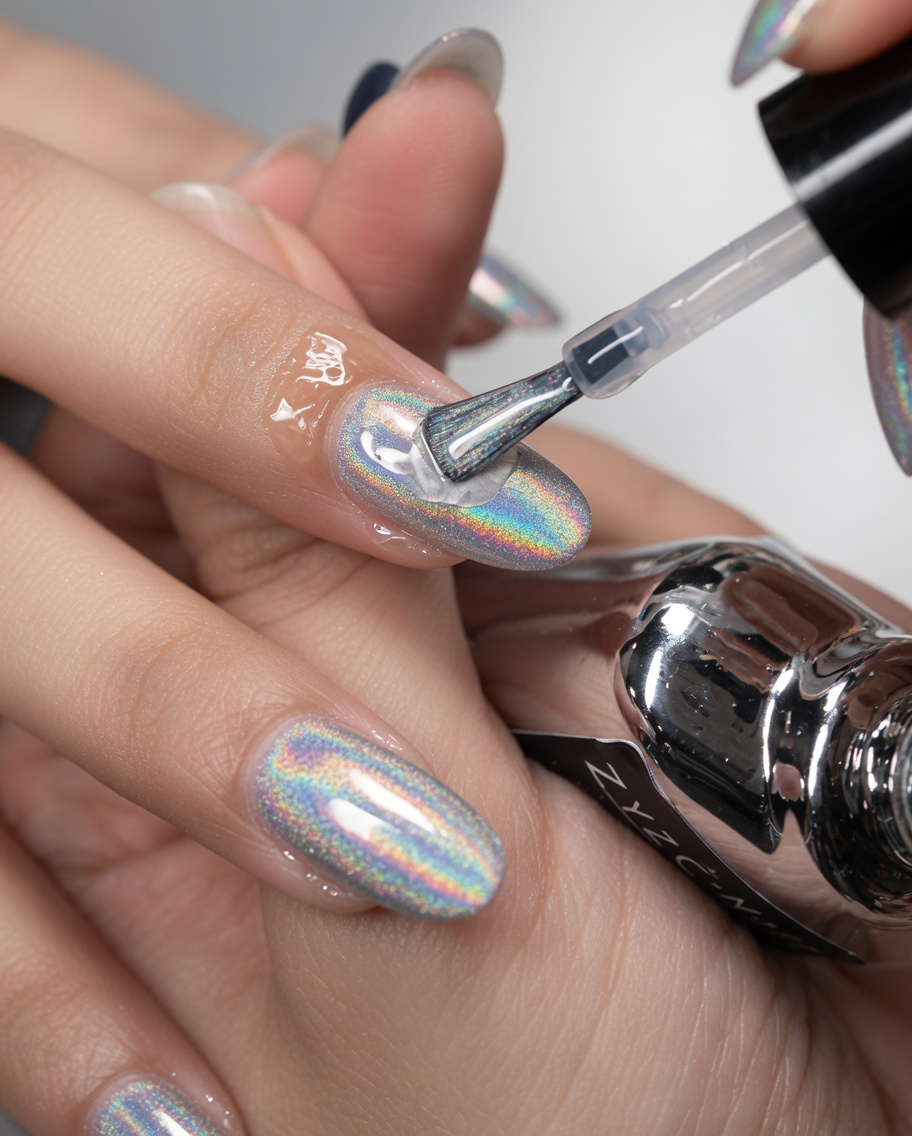 Un pincel aplicando un top coat brillante transparente sobre una uña cromada metálica.