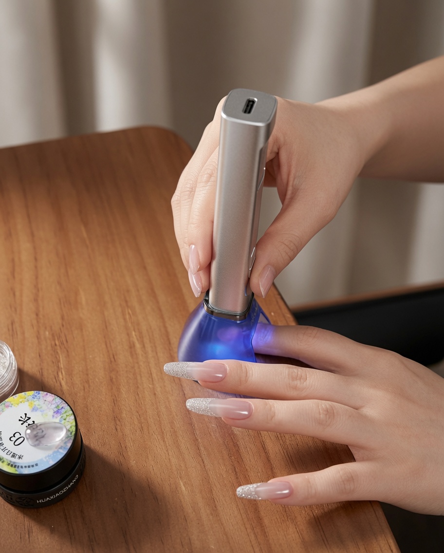 Un pincel para uñas aplicando un top coat transparente y brillante sobre un diseño de uña cat eye terminado.
