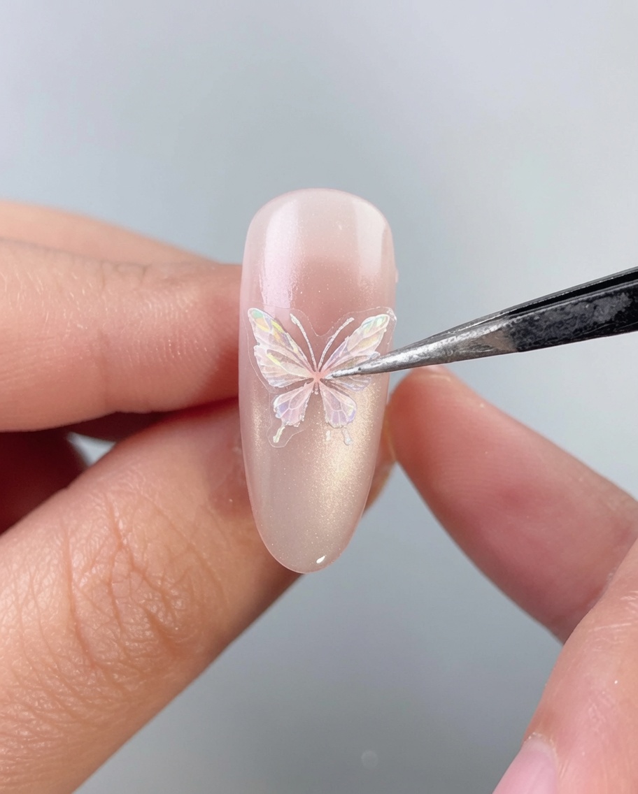 Unas pinzas de precisión colocando cuidadosamente una pegatina de mariposa holográfica e iridiscente en el centro de una uña almendrada manicurada.