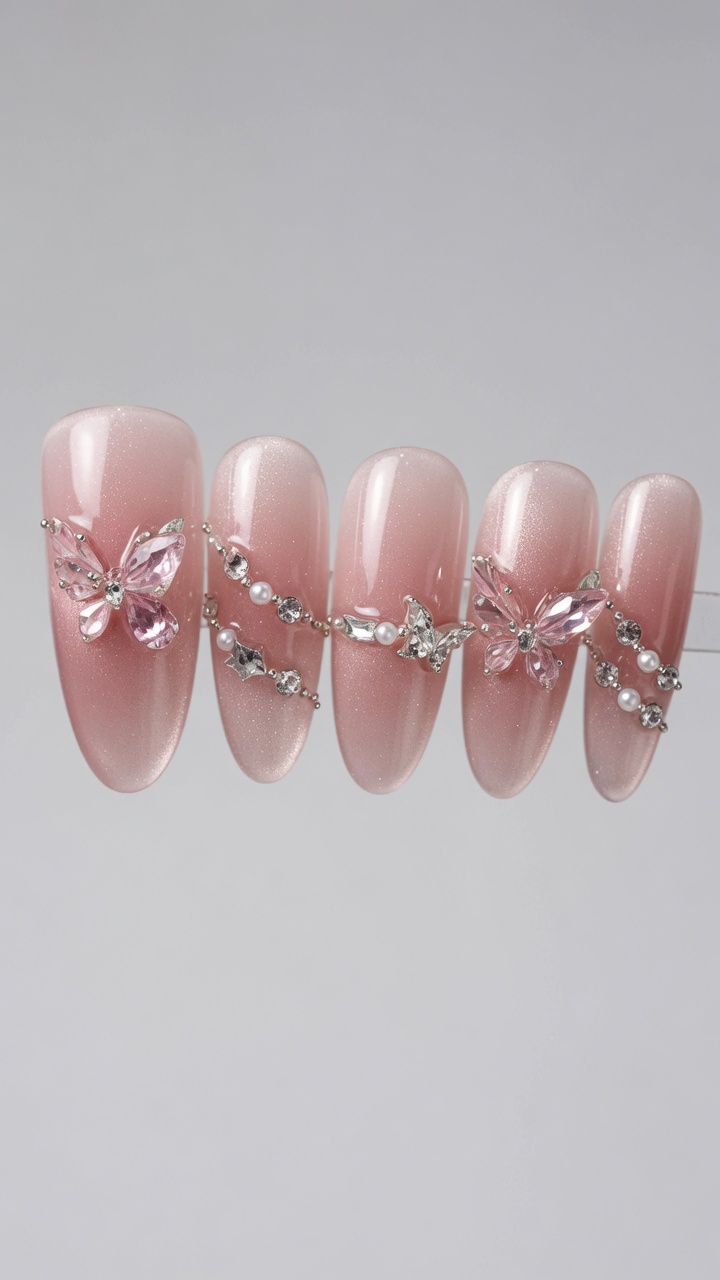Uñas Ojo de Gato Rosa Nude con Mariposas — Elegante Tutorial 3D
