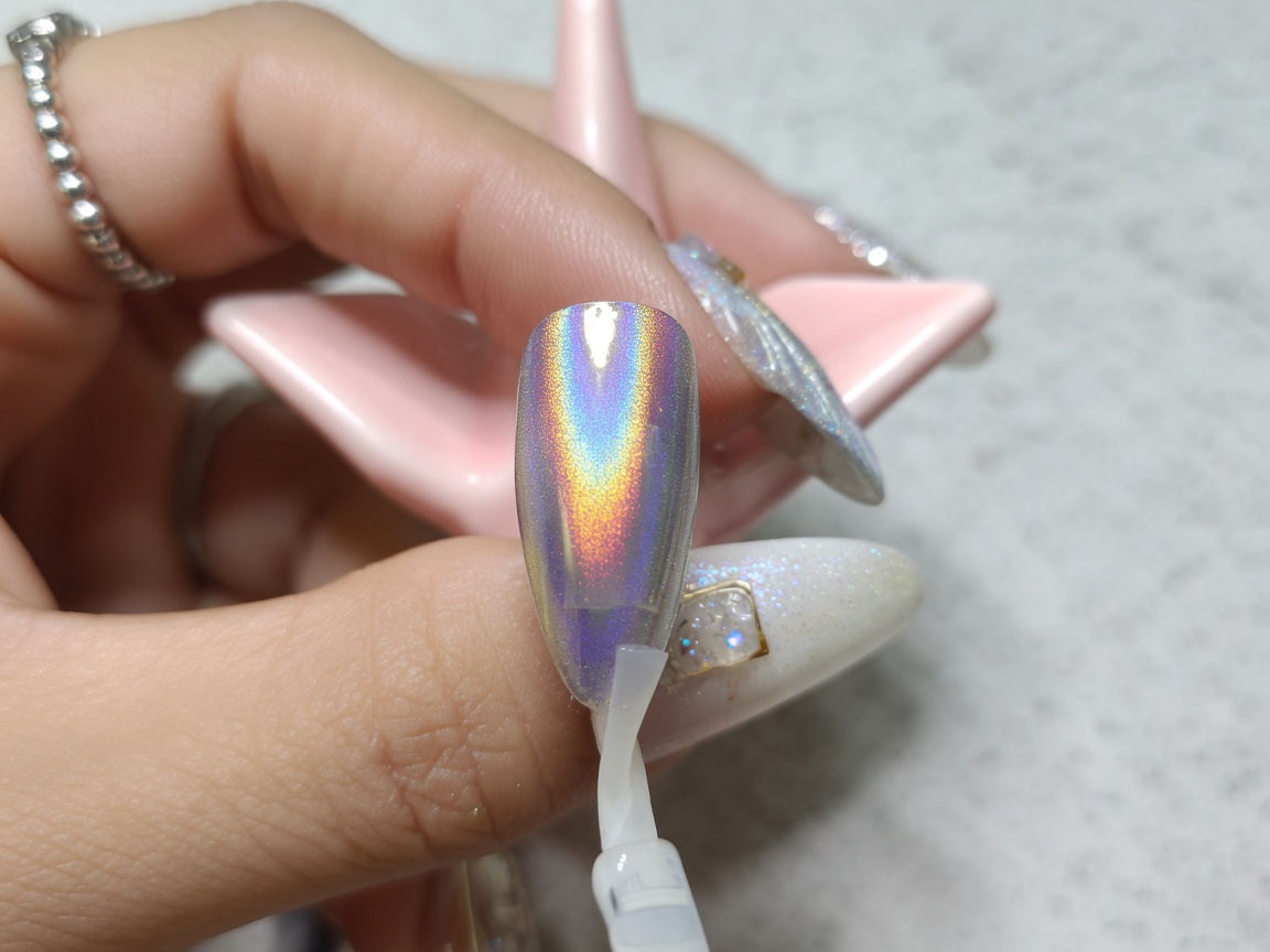 Un pincel aplicando un top coat mate sobre la superficie de la uña con acabado cromado.