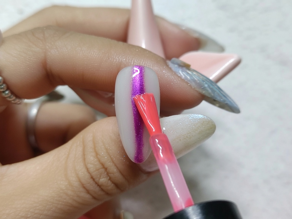 Un pincel de arte para uñas aplicando una raya vertical de tinta de acuarela roja brillante en el centro de una uña con acabado metálico.