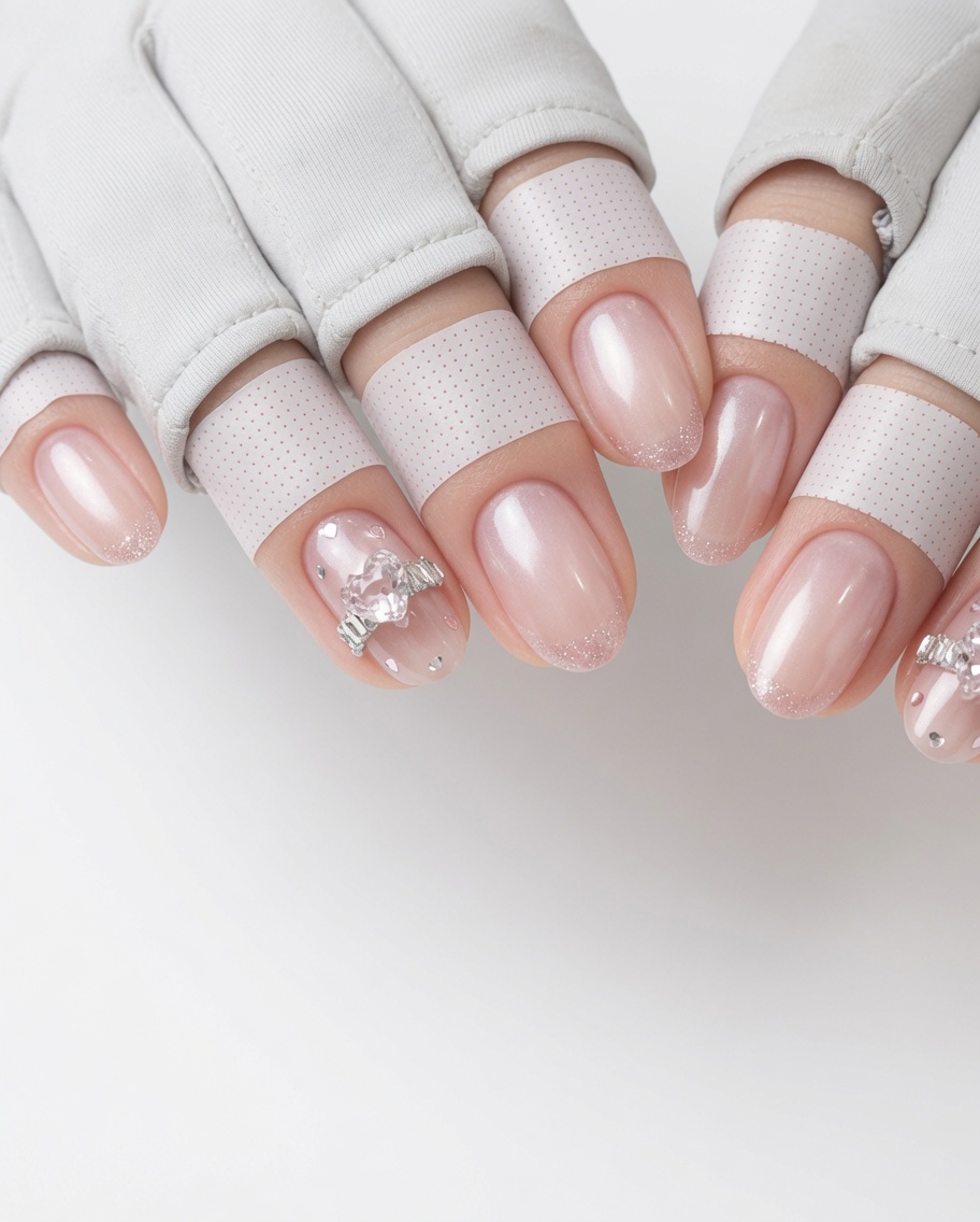 Primer plano de una uña natural recibiendo una capa base de gel transparente con un pincel.