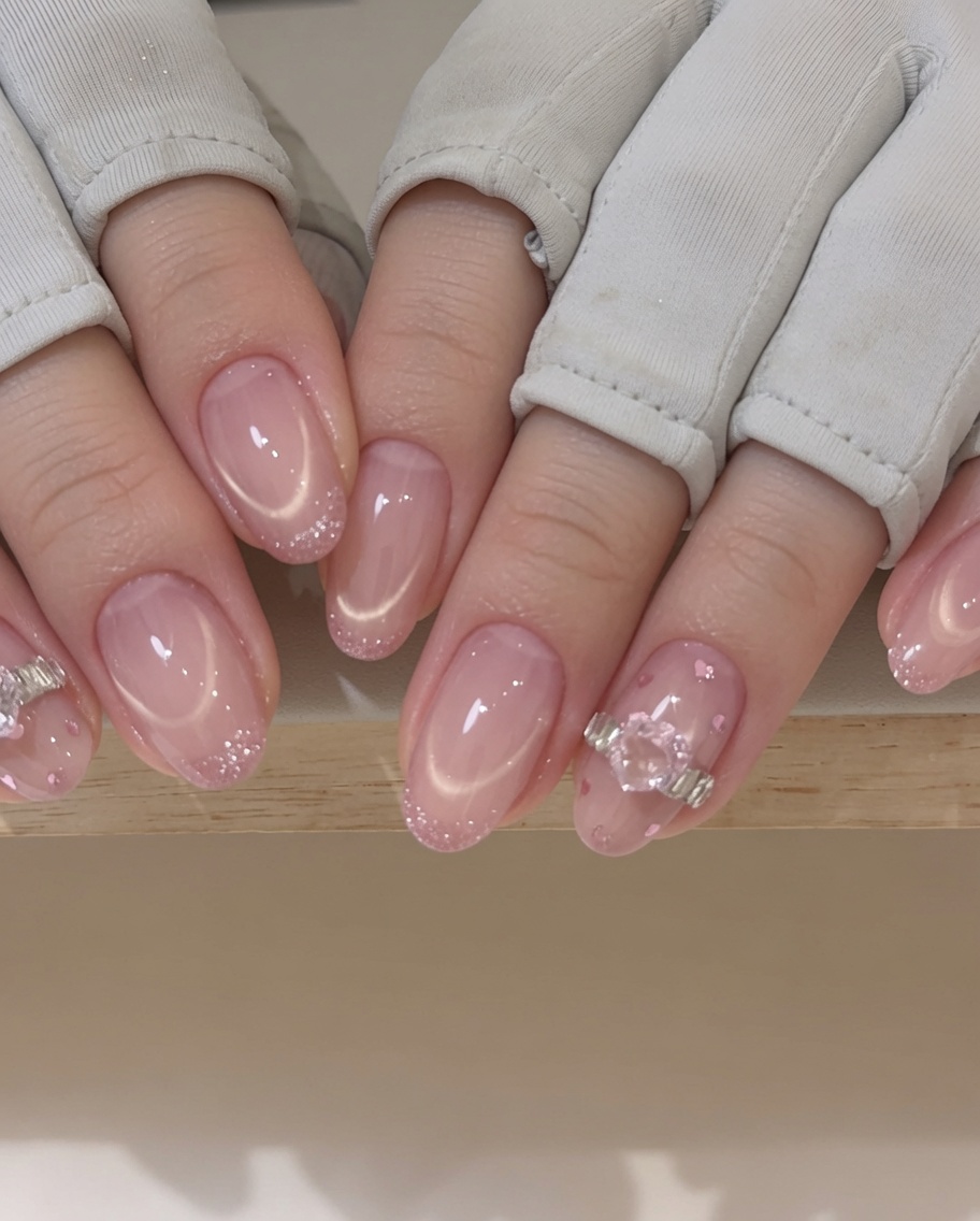 Un imán sostenido sobre una uña pintada con gel húmedo para crear una línea de brillo definida.