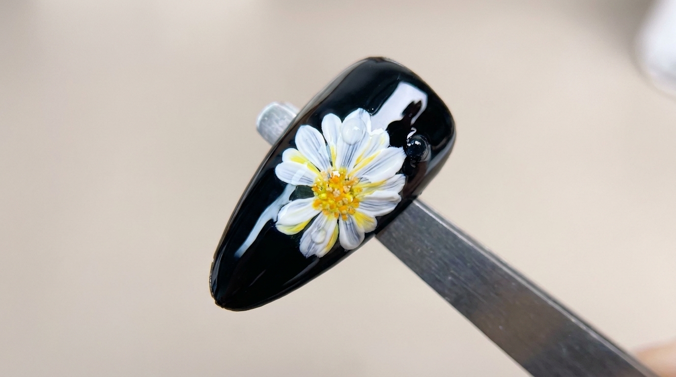 Margaritas 3D en Capas sobre Base Negra — Tutorial de Gel Paso a Paso