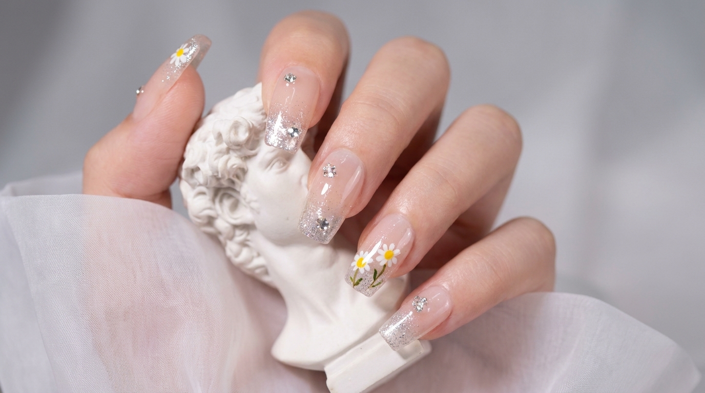 Delicado diseño de uñas con margaritas pintadas a mano sobre una base degradada nude reflectante y adornos de cristal.