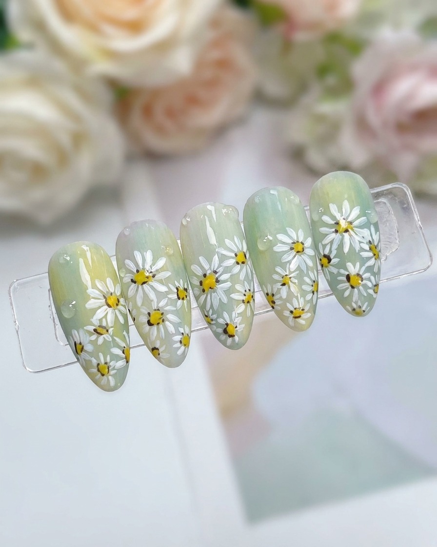 Una toma de alta resolución de una uña con gotas de gel transparente colocadas estratégicamente sobre el diseño floral.