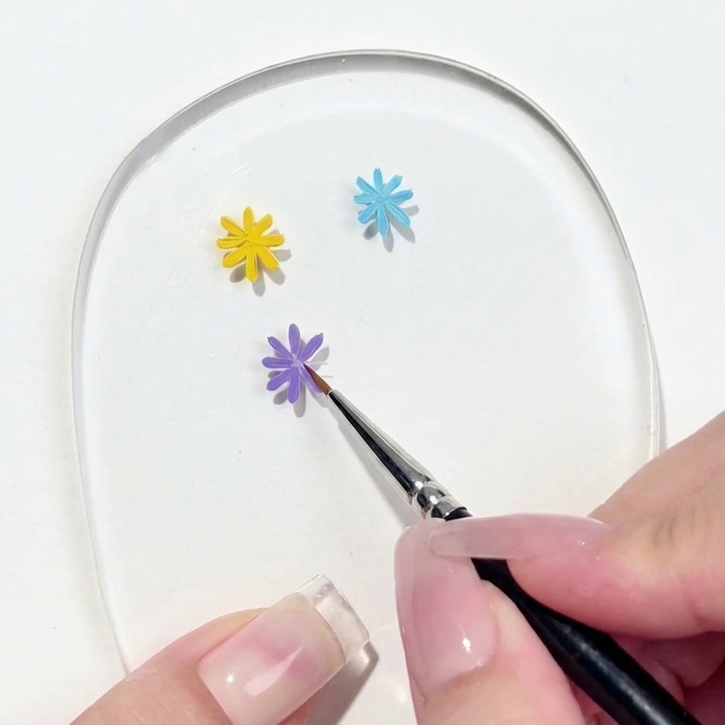 Un primer plano de un pincel de detalle completando el último pétalo de un diseño de margarita morada en una paleta transparente de nail art.