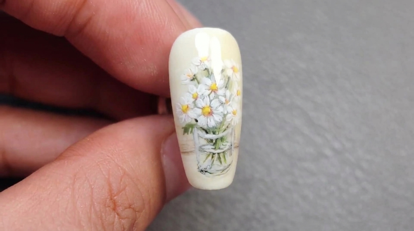 Diseño de uñas con ramo de margaritas pintado a mano: Tutorial paso a paso