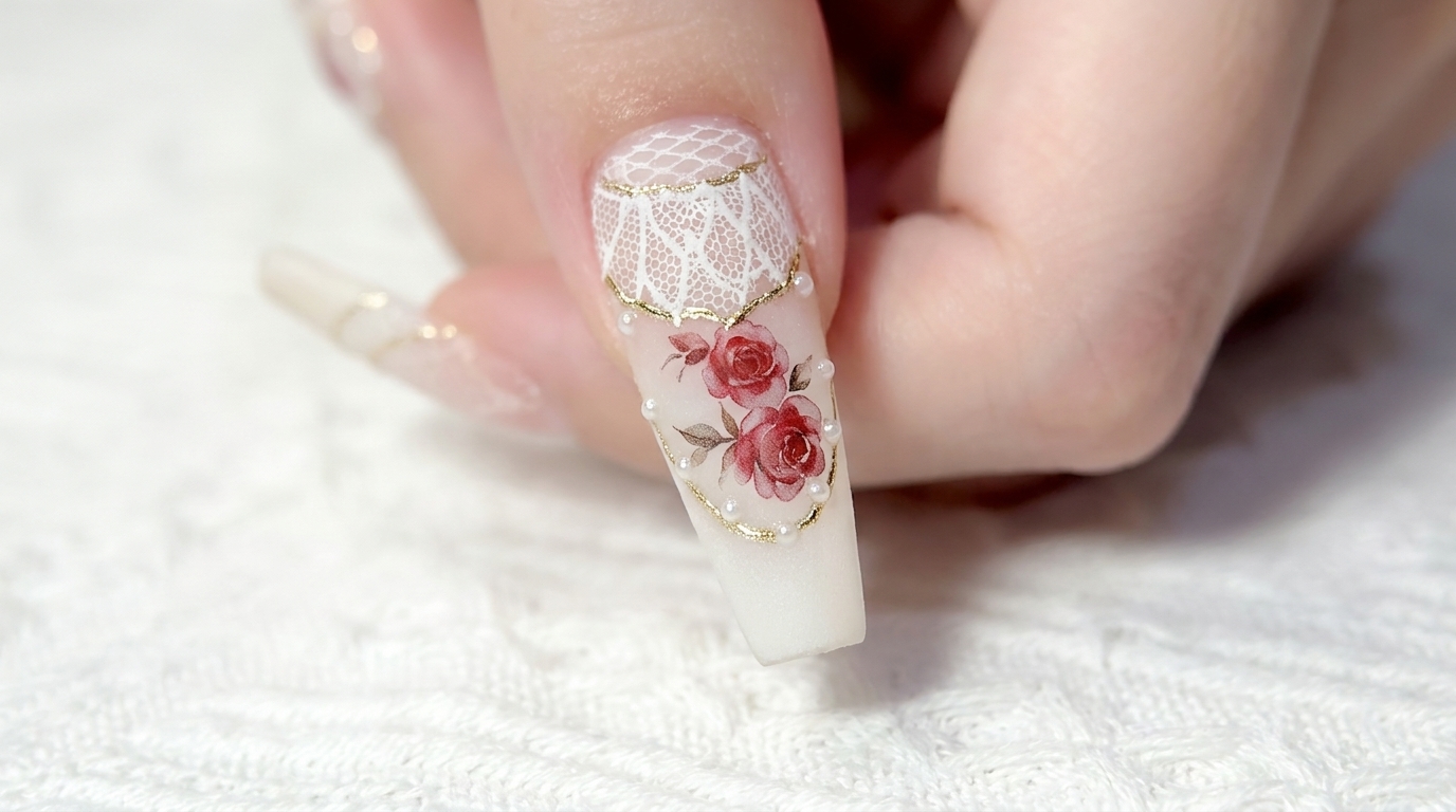 Diseño de uñas con encaje vintage y rosas en acuarela — Tutorial paso a paso