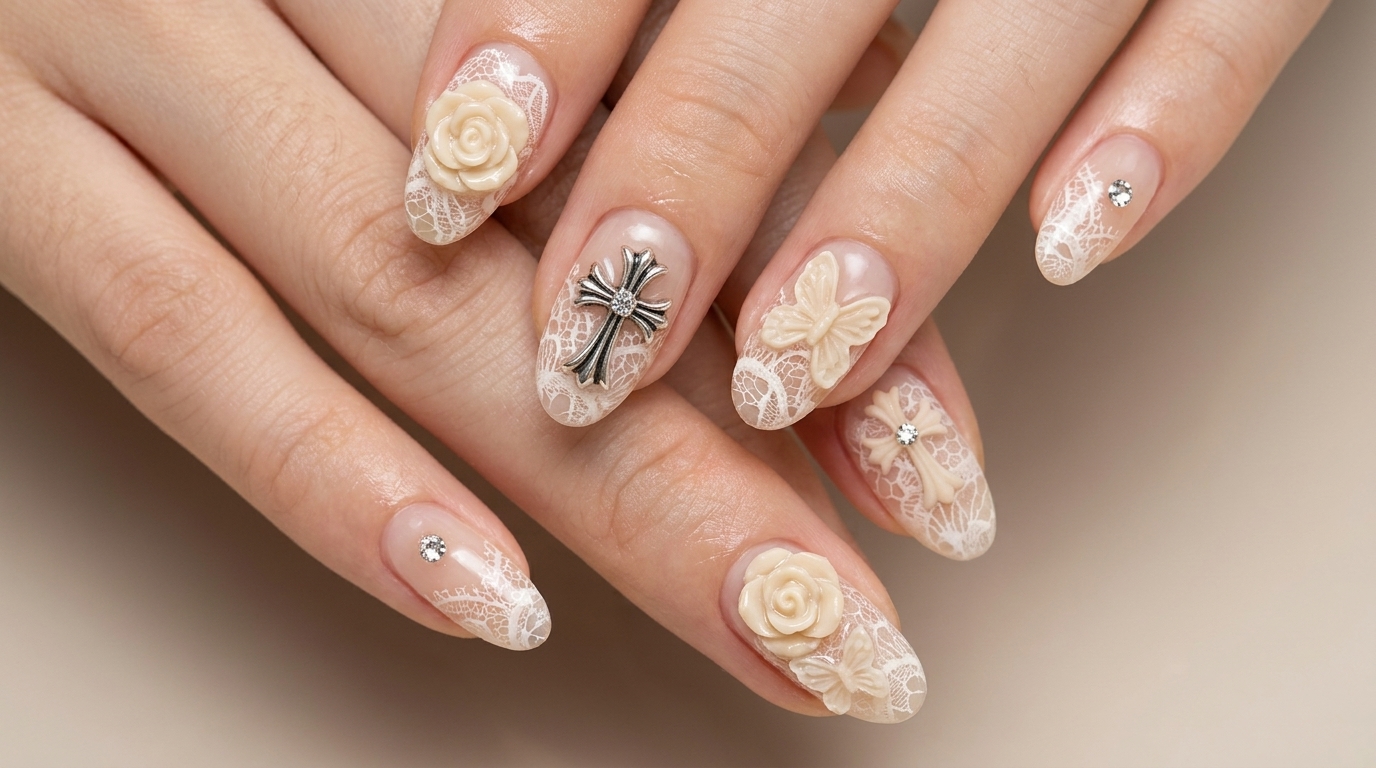 Tutorial de Manicura Vintage: Corazones Chrome y Encaje