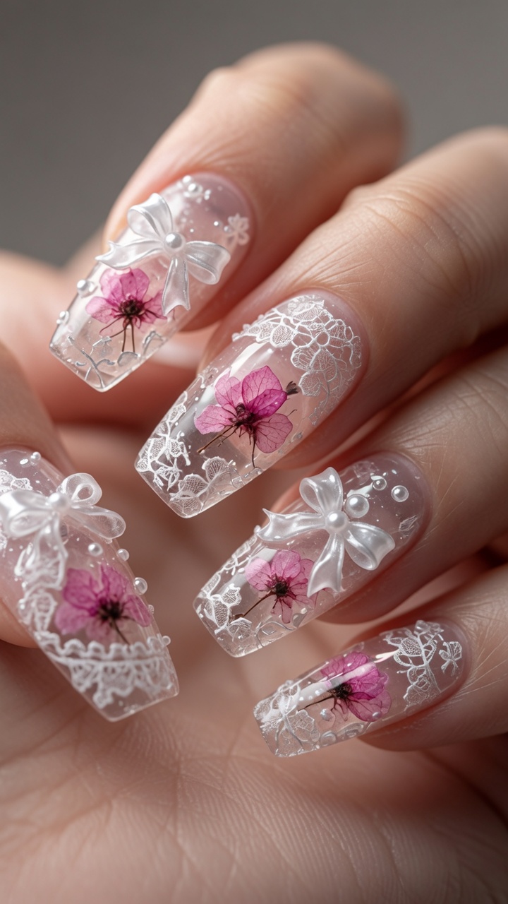 Tutorial de Uñas de Gel con Flores Secas y Lazo 3D