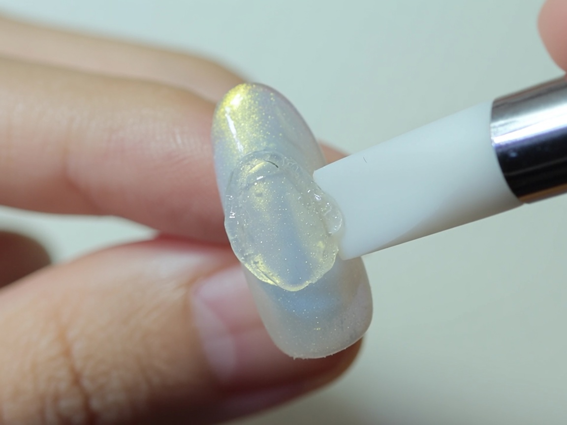 Un pincel aplicando una capa delgada de esmalte en gel blanco sobre una base de plástico transparente en una uña.