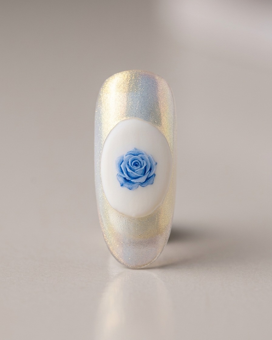 Un pincel fino delineador detallando un pequeño diseño de rosa azul claro sobre una base ovalada blanca sólida en una uña.