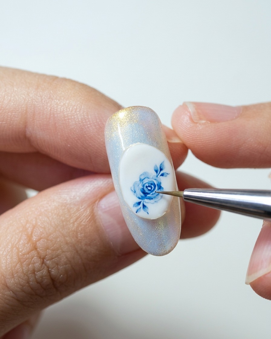 Un pincel delineador fino añadiendo detalles de pequeñas hojas azules alrededor de una rosa azul sobre un fondo blanco.