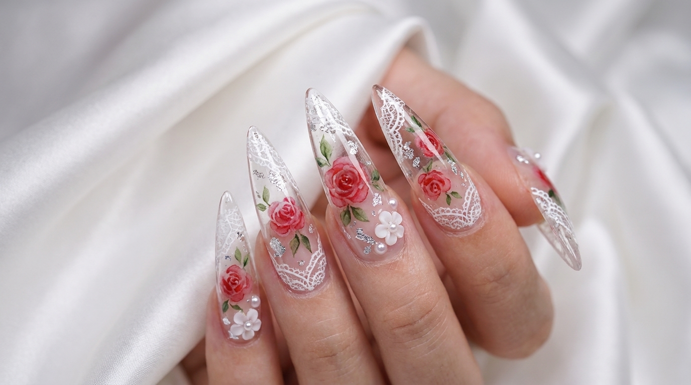 Tutorial de Uñas Stiletto: Rosas en Acuarela y Encaje