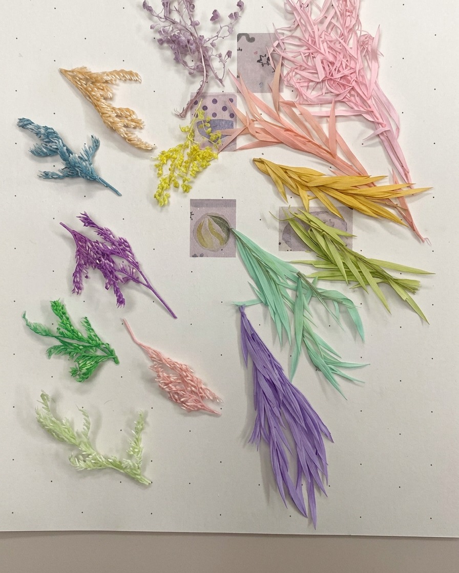 Material floral seco lineal amarillo siendo colocado sobre la superficie de una uña como parte de un proceso de encapsulación.