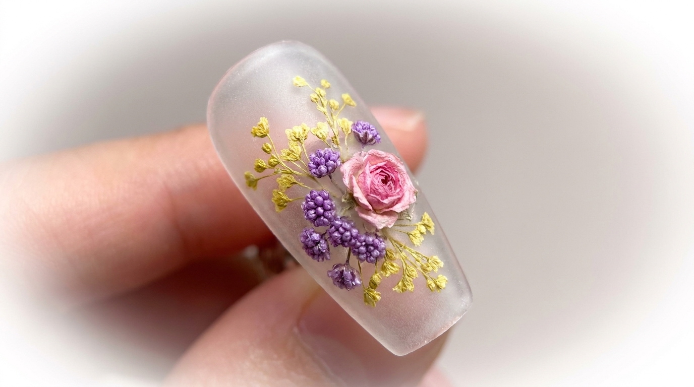 Arte de uñas con flores secas encapsuladas: Tutorial de diseño escarchado profesional