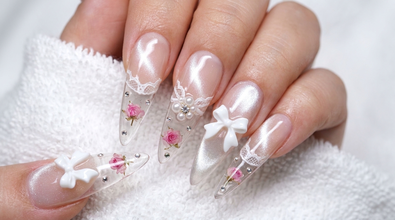 Uñas Ice-Sealed con Rosas Secas, Efecto Ojo de Gato y Lazos 3D — Tutorial Paso a Paso