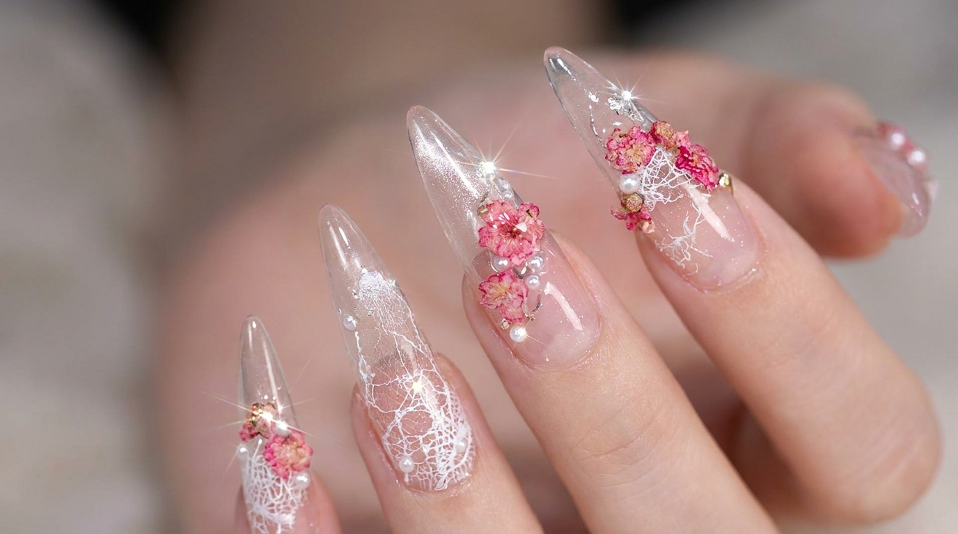 Manicura Etérea de Flores Secas y Encaje — Tutorial Paso a Paso