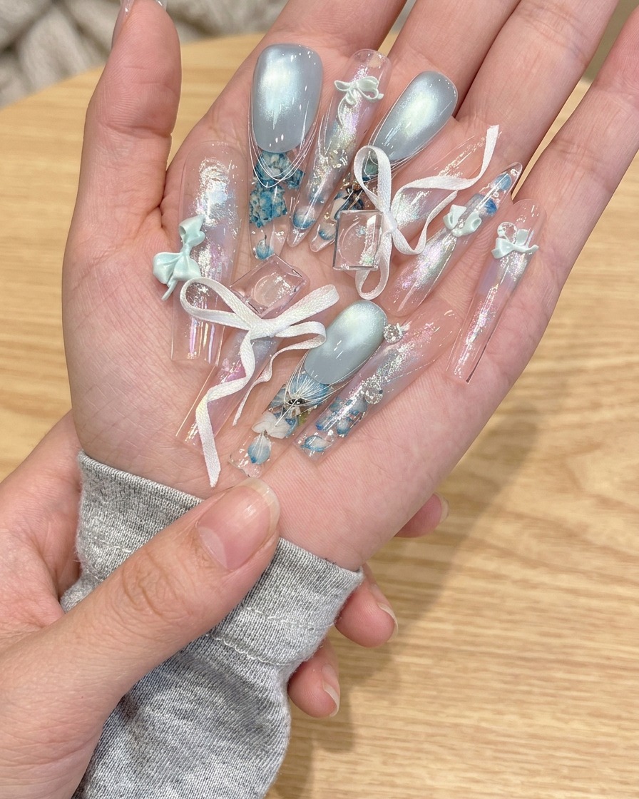 Un tip de uña stiletto transparente siendo adherido a una uña natural usando pegamento con aplicador de pincel.