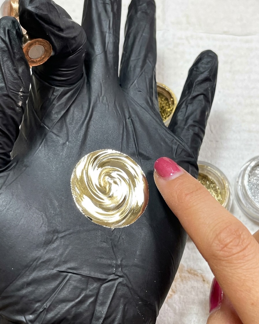 Un dedo enguantado frotando una mezcla de polvos metálicos dorados y plateados sobre un diseño de remolinos.