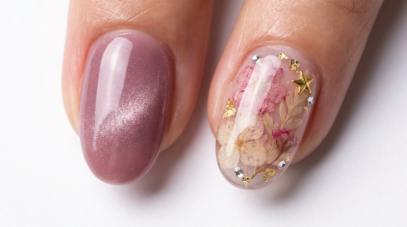 Tutorial de uñas con flores secas y efecto ojo de gato