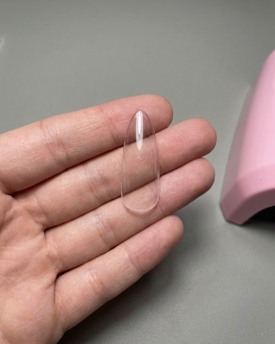 Una punta de uña transparente sostenida en una mano con una pegatina para manicura francesa aplicada en la sección superior.