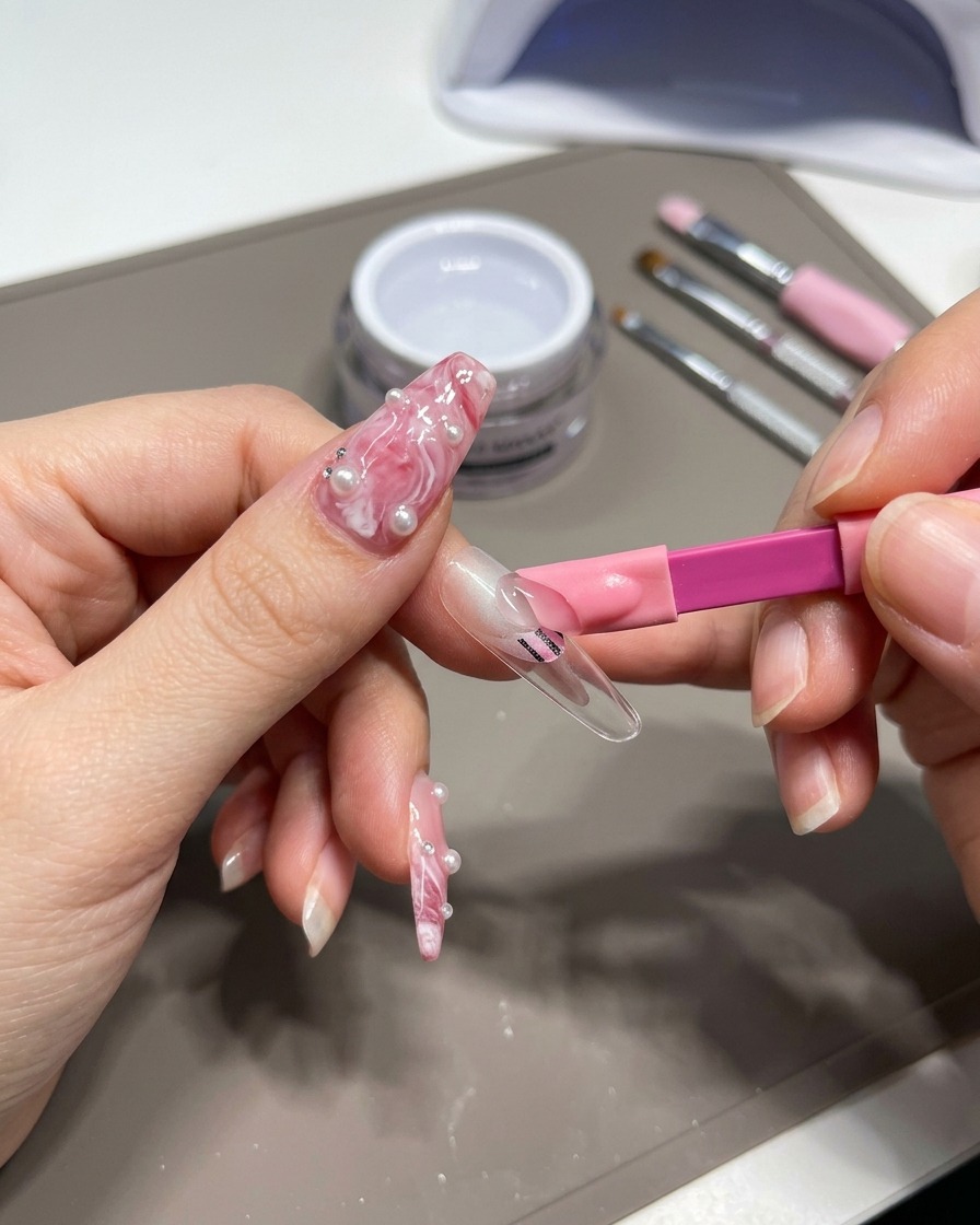 Una mano colocando una punta de uña dentro de una lámpara UV pequeña de color rosa para el curado.