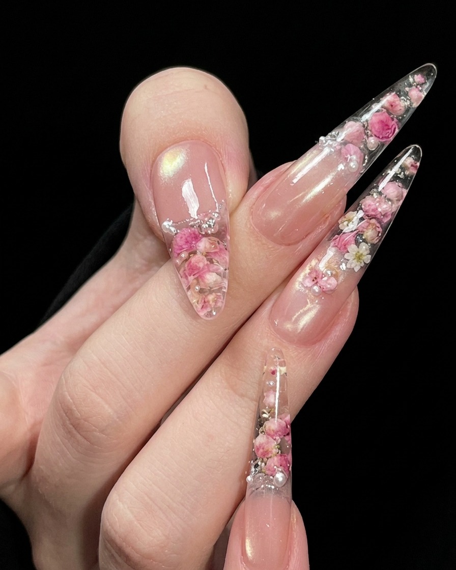 Uñas siendo curadas dentro de una lámpara UV/LED, enfocándose en la decoración de la parte inferior.
