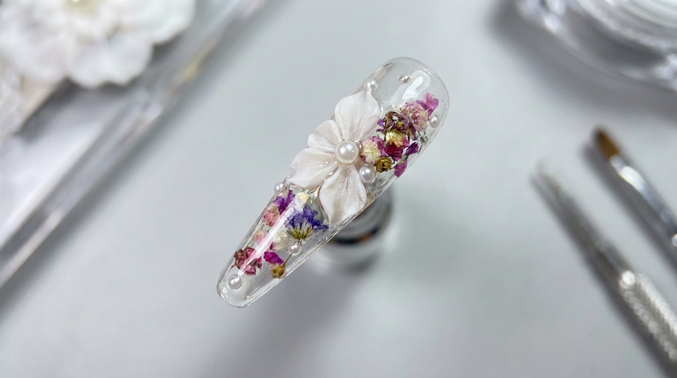 Tutorial de uñas con flores secas encapsuladas y diseño 3D