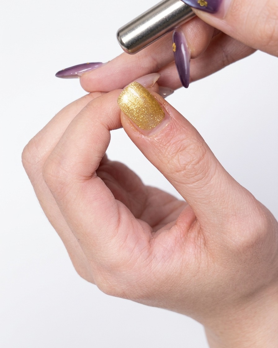 Una herramienta magnética cerca del lado de una uña cubierta con gel dorado para mover las partículas.