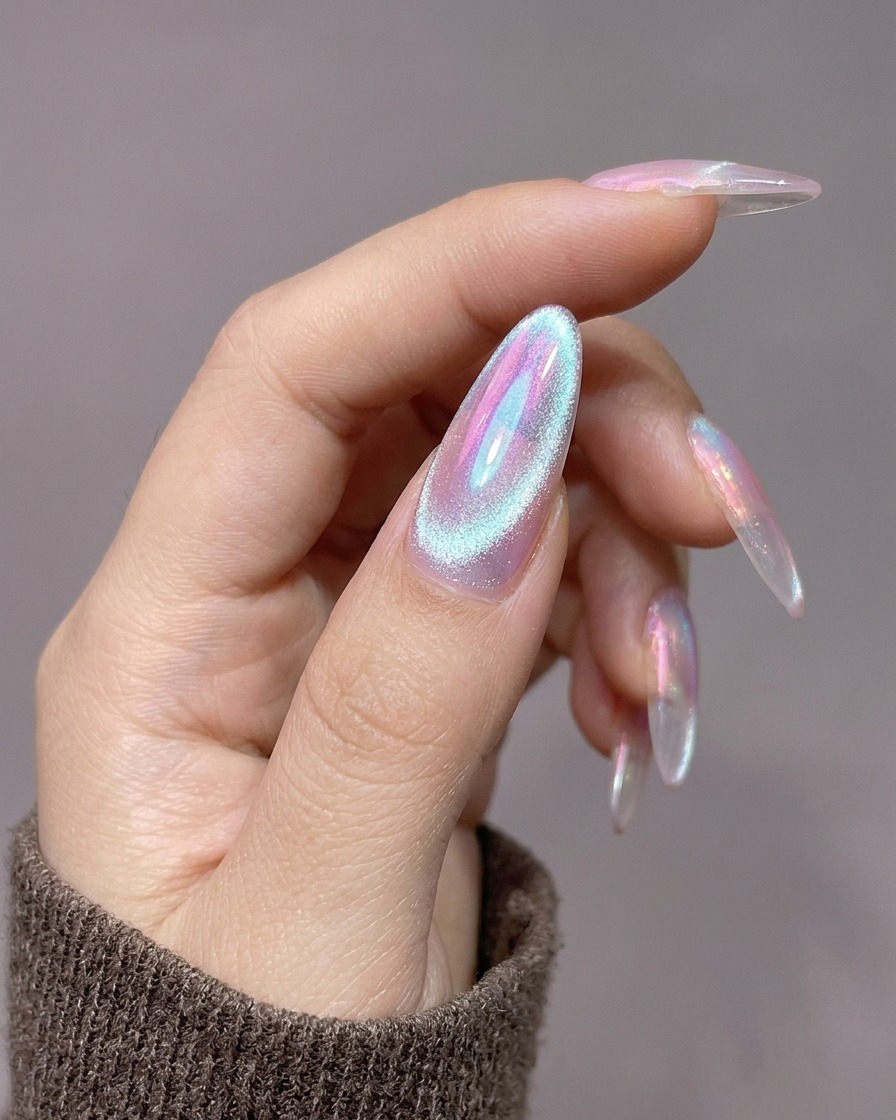 Primer plano de un imán cilíndrico sostenido verticalmente cerca de la cutícula de una uña con gel cat-eye húmedo.