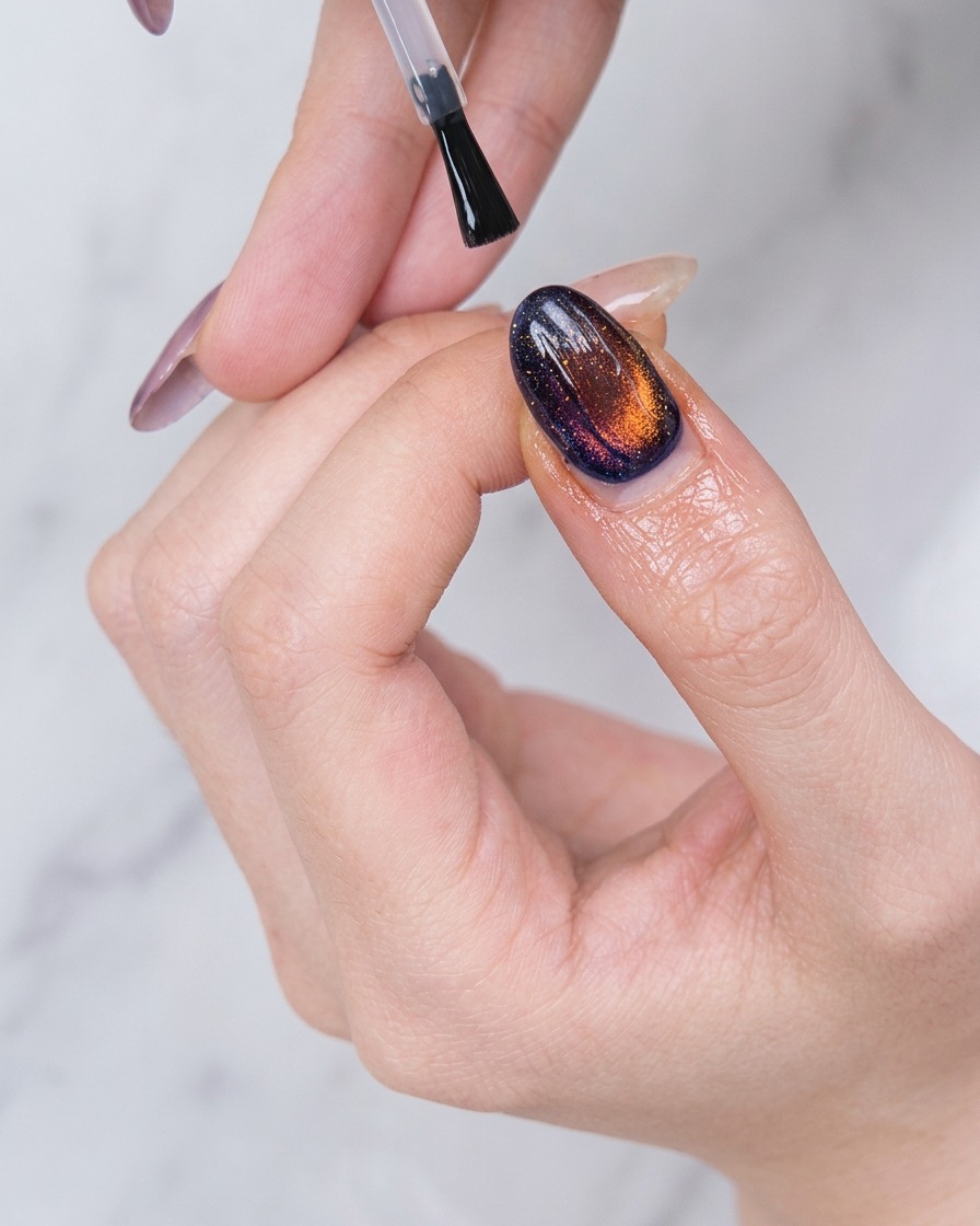 Un pincel aplicando una capa de top coat transparente y brillante sobre una uña con gel cat eye azul y ámbar.