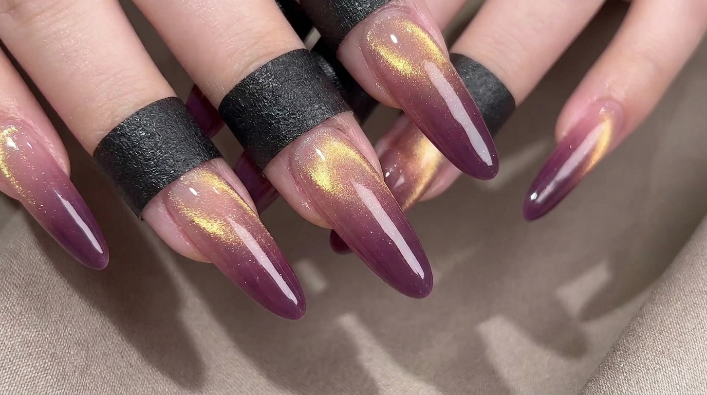 Uñas Ojo de Gato en Degradado Morado y Dorado — Tutorial Paso a Paso